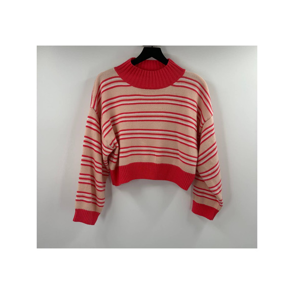 Cherry AKA Coral and Pink Striped Cropped Mock Neck Sweater Size Large - Picture 1 of 5